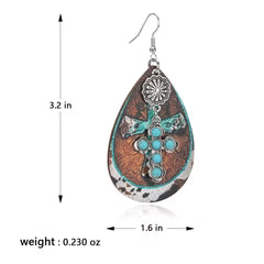 Rustic Couture's Stone Cross Tear Drop Embossed Wood Painted Pattern Earring - Turquoise