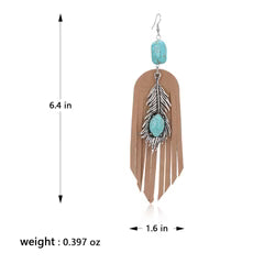 Rustic Couture's Silver Feather Turquoise Suede Tassels Hook Statement Earrings - Turquoise