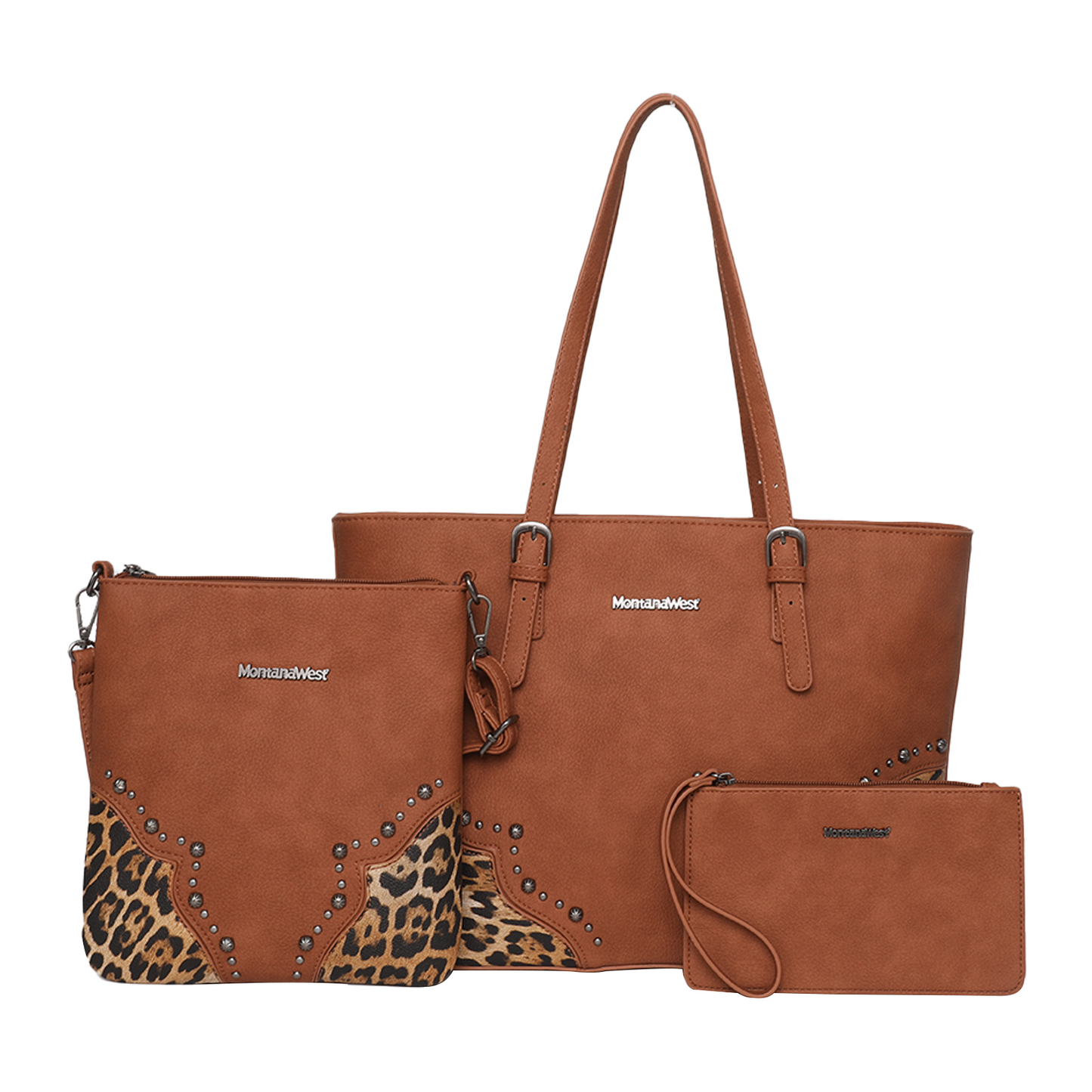 Montana West Leopard 3PCs Set Tote/Crossbody/Wallet - Brown