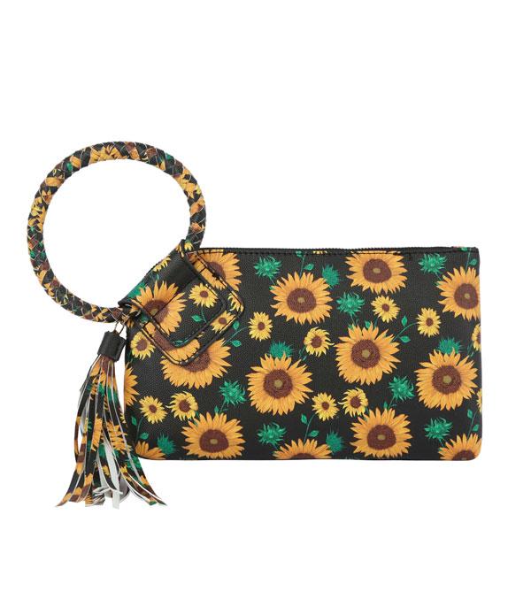 Faux Leather Sunflower Print Wristlet