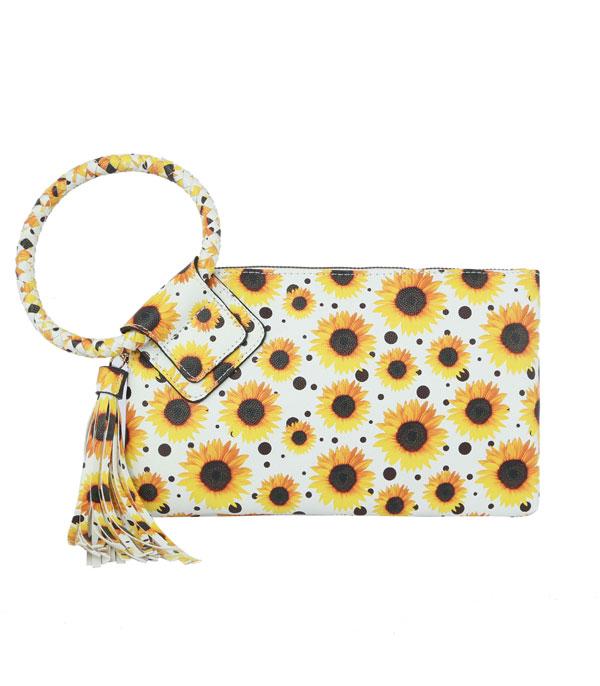 Faux Leather Sunflower Print Wristlet