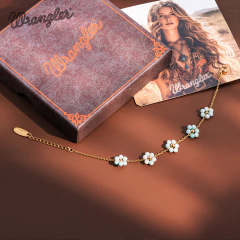Wrangler 14K Gold Western Natural Stone Daisy Chain Bracelet - Green