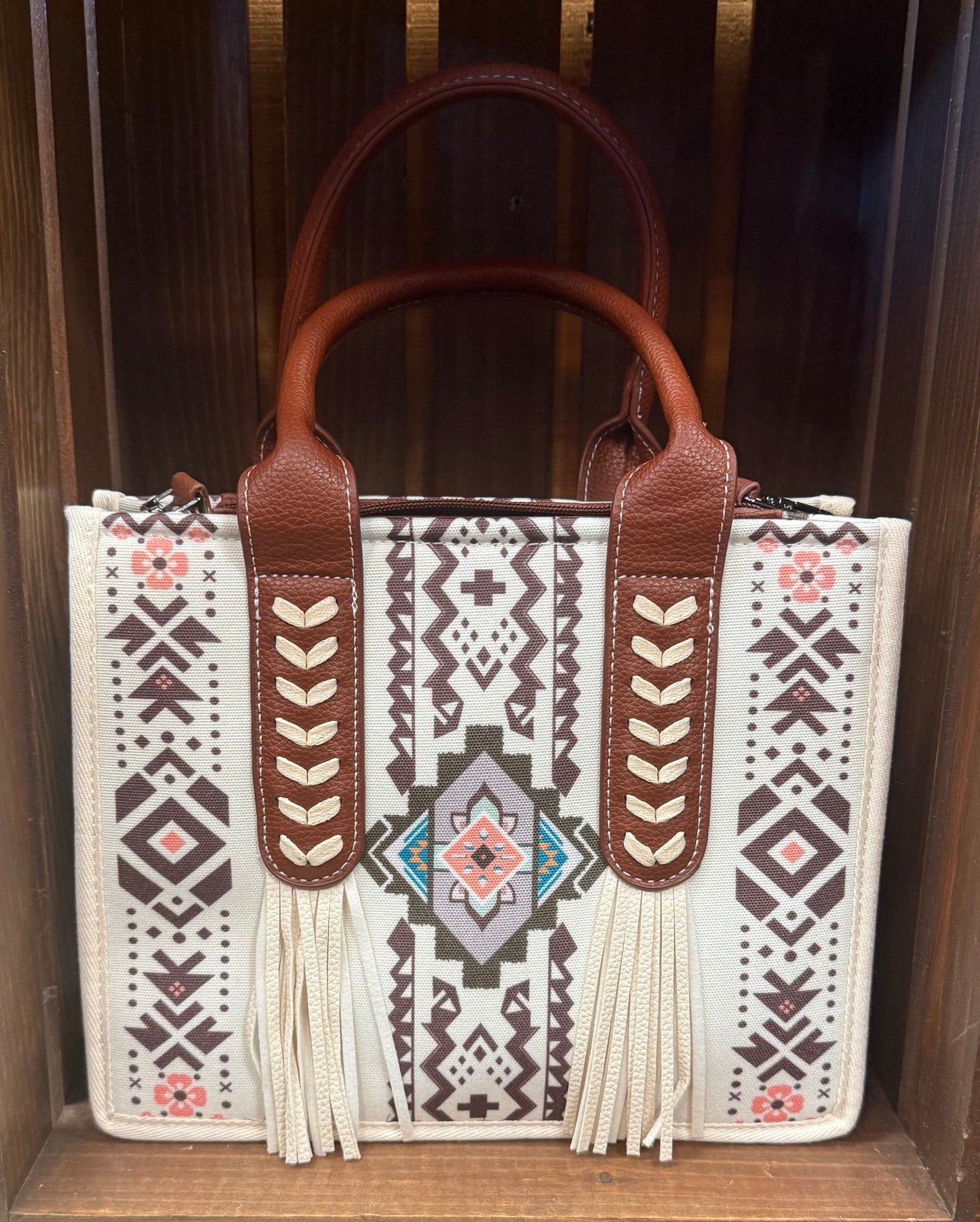 Crossbody Canvas Tote w/zippered wrist bag - Cream