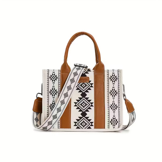 Aztec Design Canvas Crossbody Tote - Black