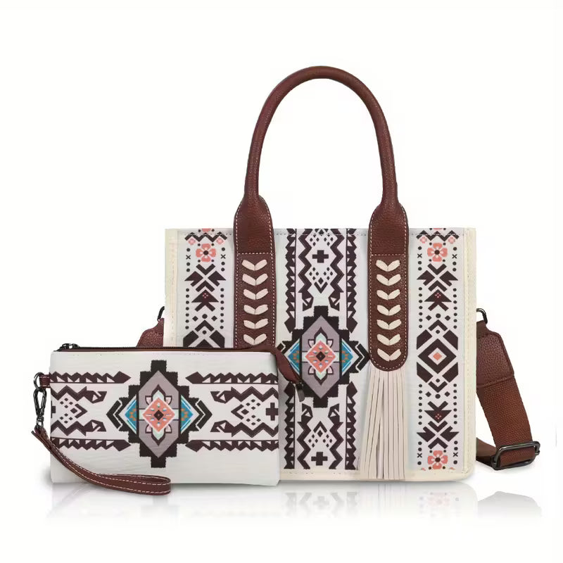 Crossbody Canvas Tote w/zippered wrist bag - Cream