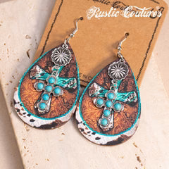 Rustic Couture's Stone Cross Tear Drop Embossed Wood Painted Pattern Earring - Turquoise