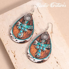 Rustic Couture's Stone Cross Tear Drop Embossed Wood Painted Pattern Earring - Turquoise