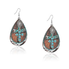 Rustic Couture's Stone Cross Tear Drop Embossed Wood Painted Pattern Earring - Turquoise