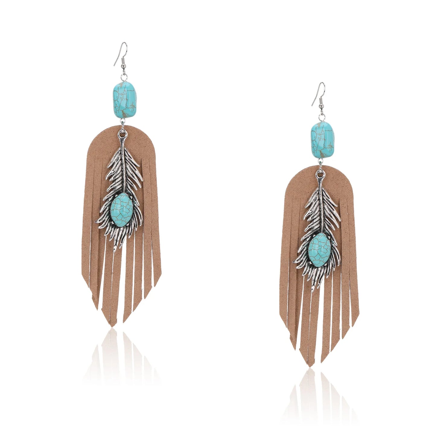 Rustic Couture's Silver Feather Turquoise Suede Tassels Hook Statement Earrings - Turquoise