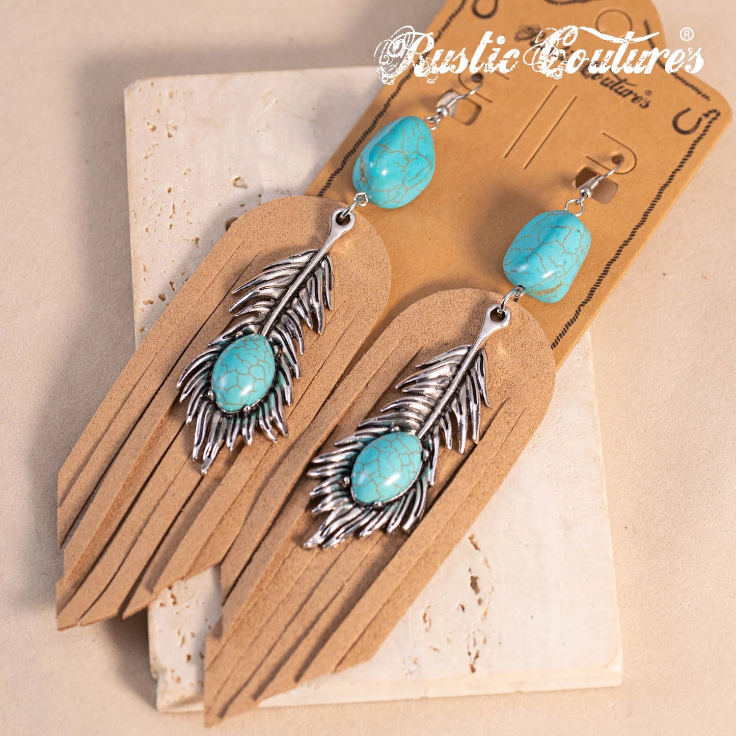 Rustic Couture's Silver Feather Turquoise Suede Tassels Hook Statement Earrings - Turquoise