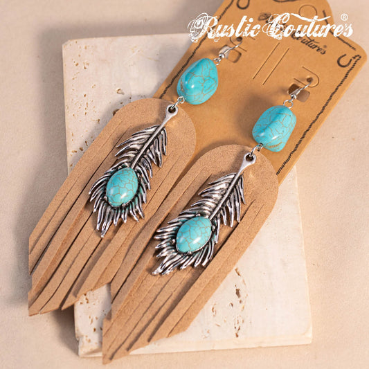 Rustic Couture's Silver Feather Turquoise Suede Tassels Hook Statement Earrings - Turquoise