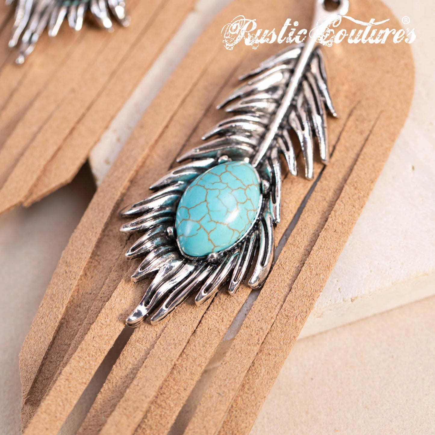 Rustic Couture's Silver Feather Turquoise Suede Tassels Hook Statement Earrings - Turquoise