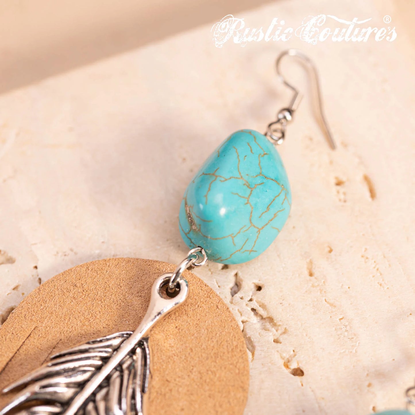 Rustic Couture's Silver Feather Turquoise Suede Tassels Hook Statement Earrings - Turquoise