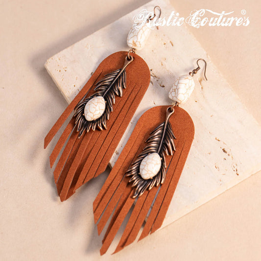 Rustic Couture's Silver Feather Turquoise Suede Tassels Hook Statement Earrings - White