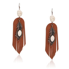 Rustic Couture's Silver Feather Turquoise Suede Tassels Hook Statement Earrings - White
