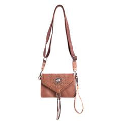 Montana West 100% Genuine Leather Concho Collection Crossbody/Wristlet - Brown